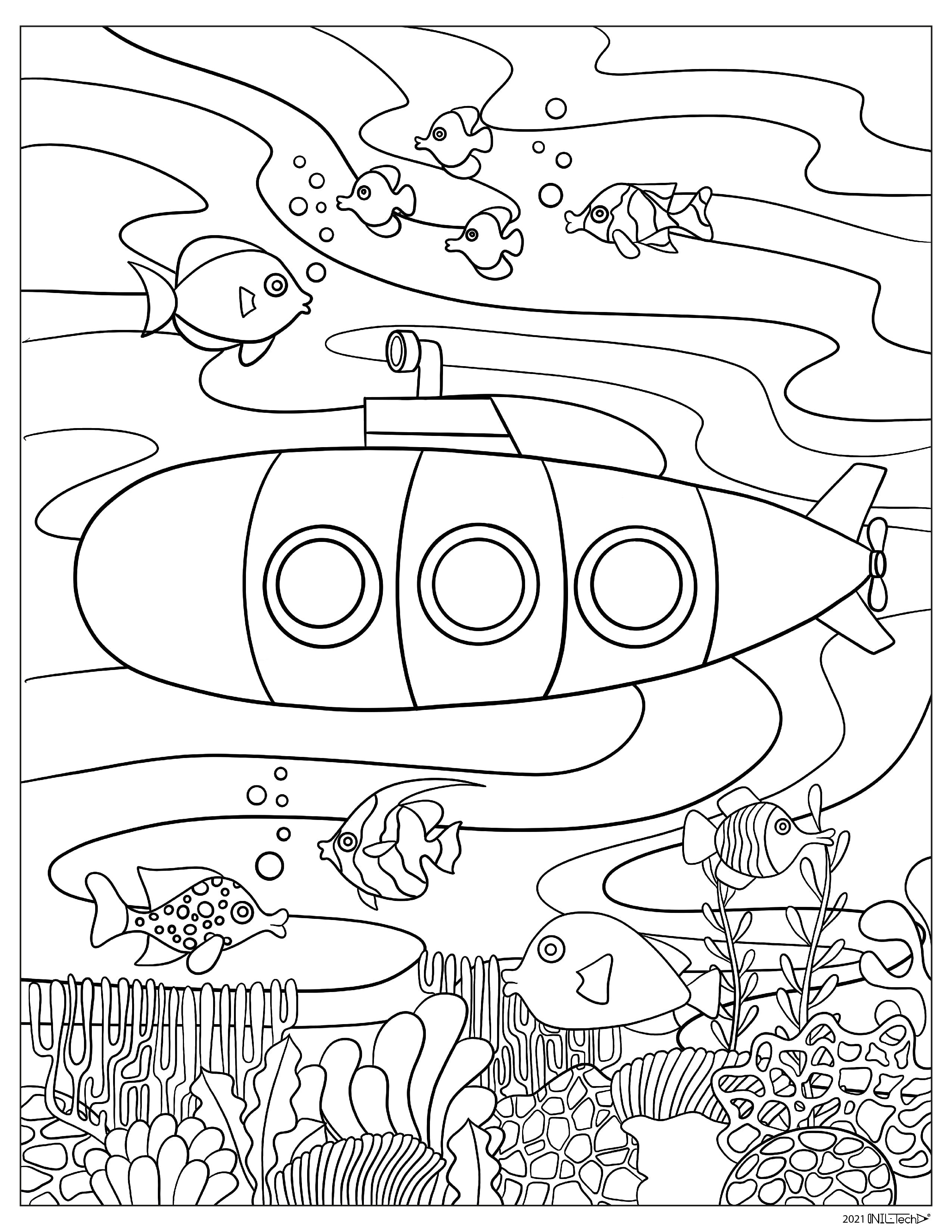 Underwater Ocean Submarine with School of Fish