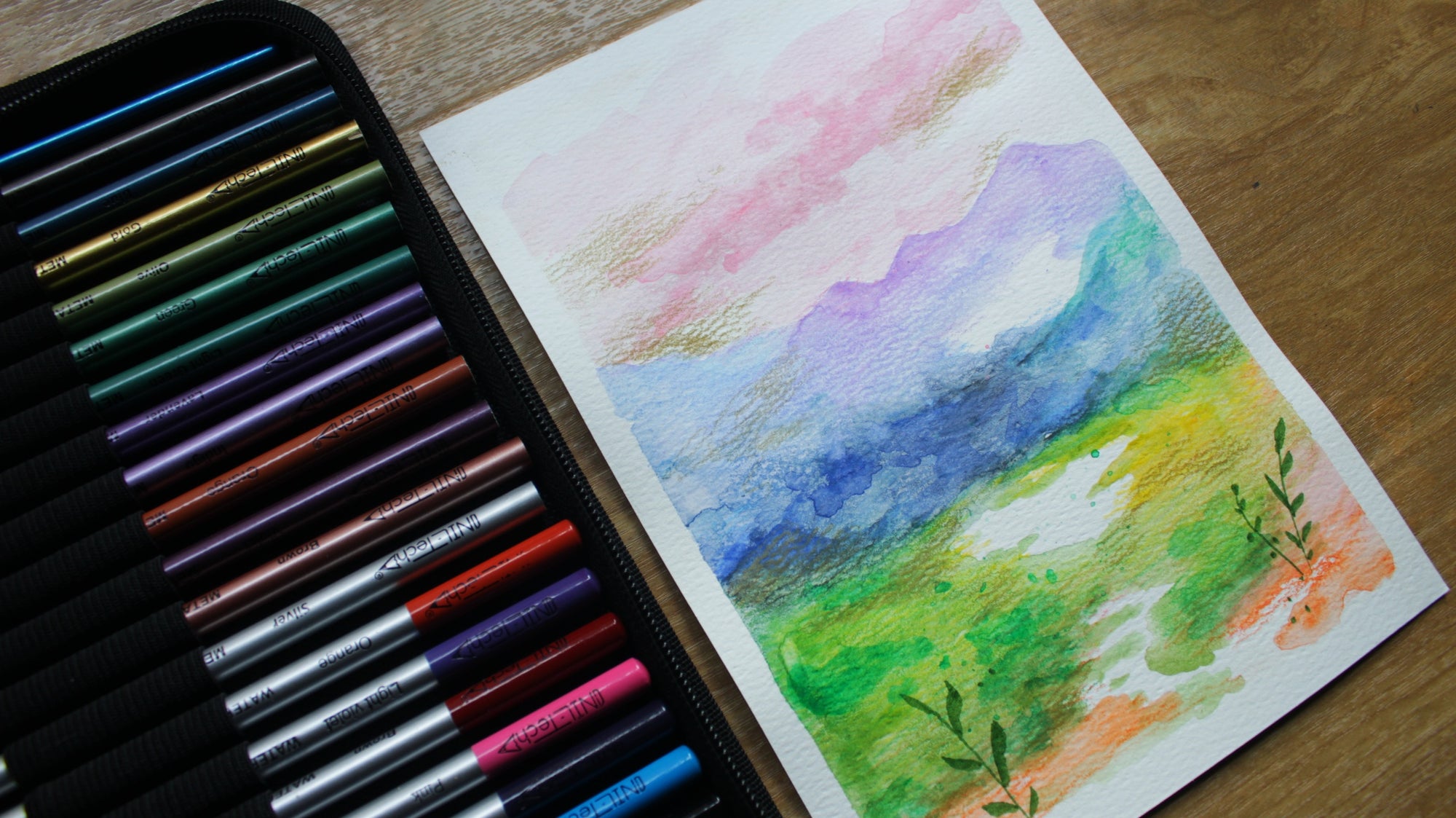 Watercolor and Metallic Pencil Landscape Drawing Tutorial - Mountain Beach Serenity
