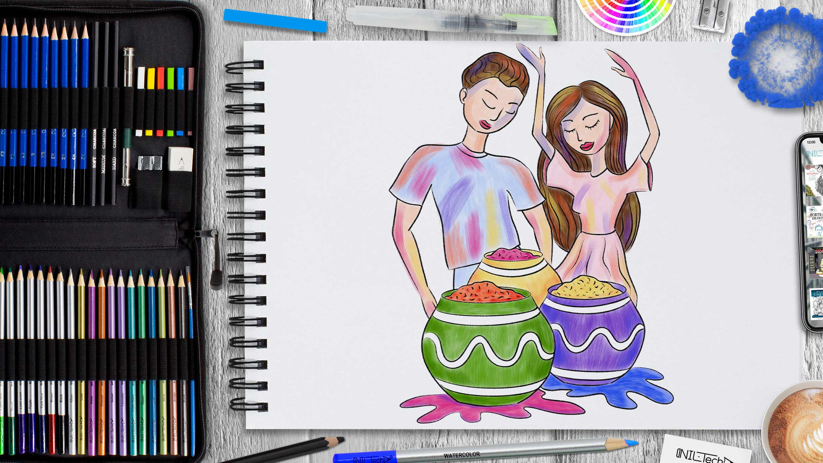 How to draw Holi festival drawing || kids celebrating Holi festival draw...  | Holi painting, Holi drawing, Hello kitty drawing