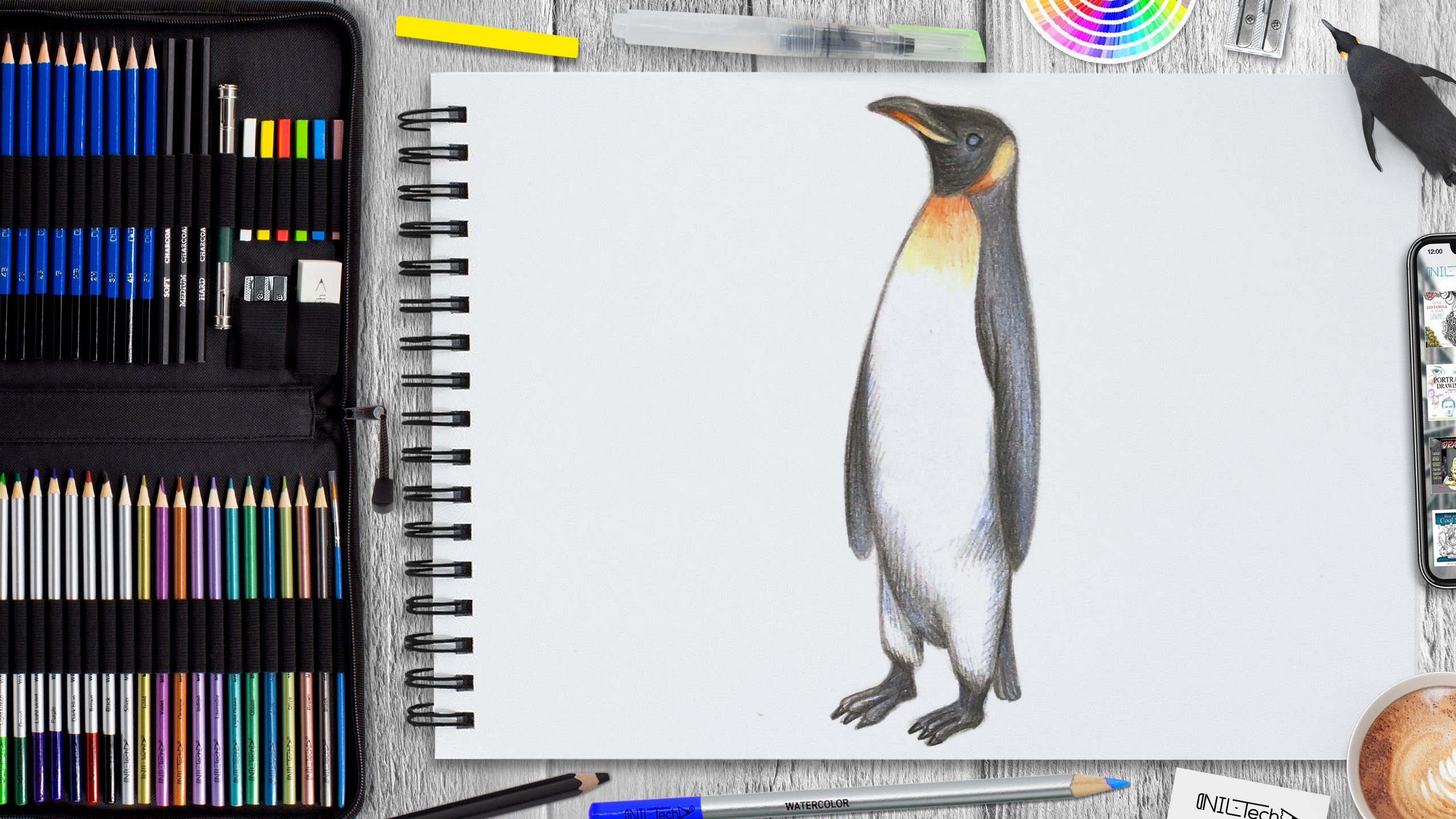 A pencil drawing sketch of a penguins, full white body, black and white  background, left to right angle, children's colouring book on Craiyon