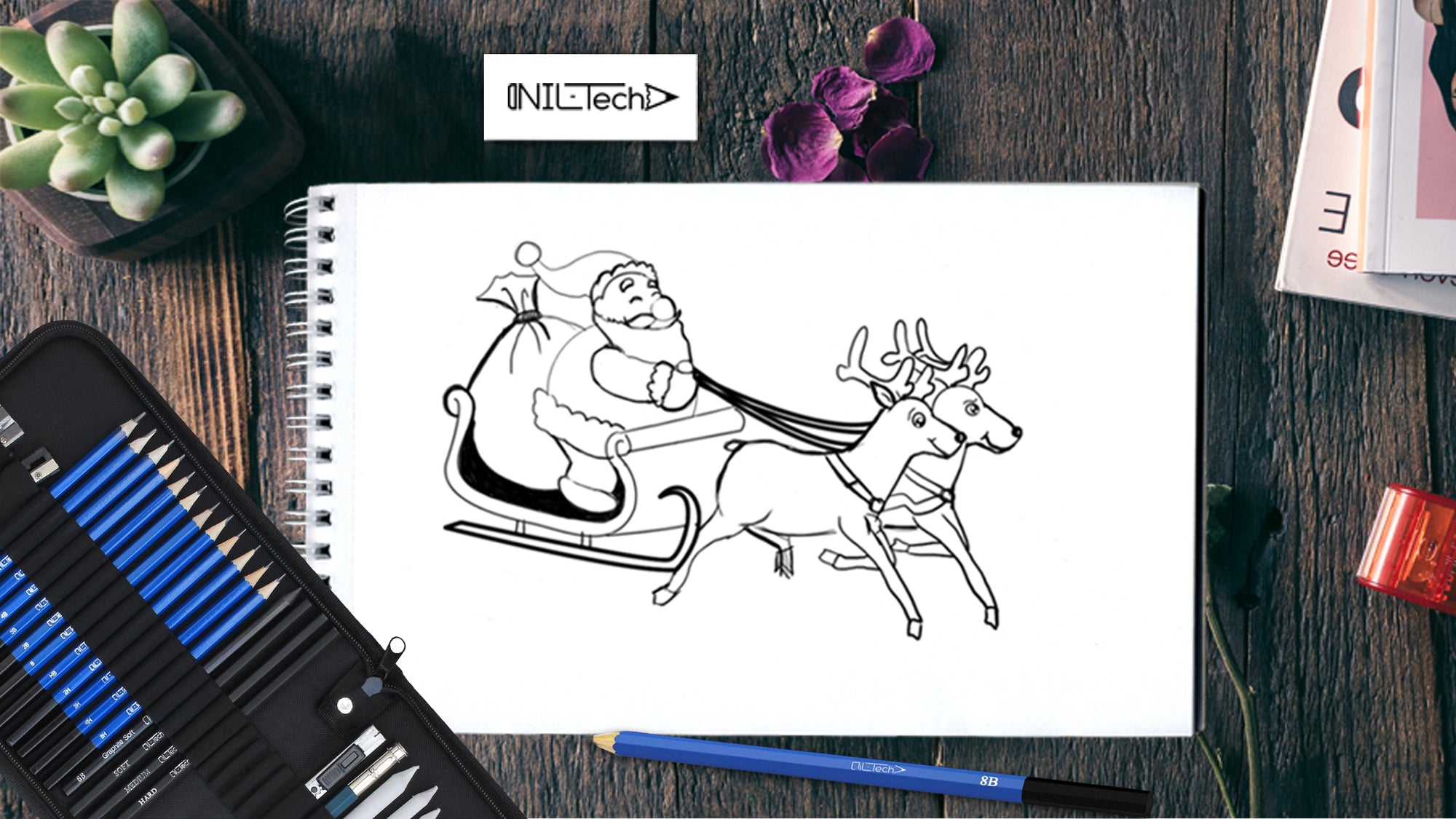 how to draw santa's sleigh and reindeer