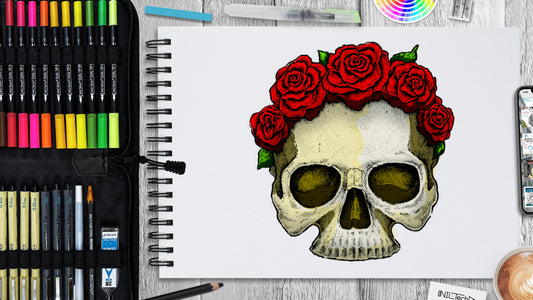 Step-by-Step Skull and Roses Drawing Tutorial: Learn to Create Spooky Art with Fineliners for Halloween