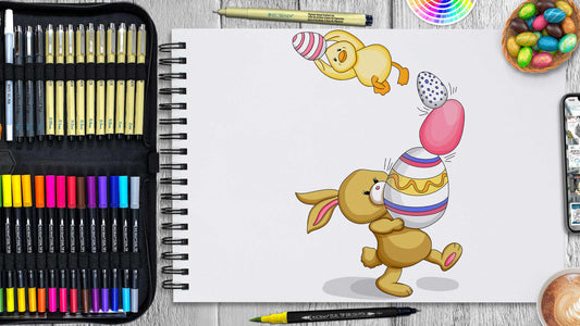 Learn how to draw Easter bunny, chick and festive Eggs