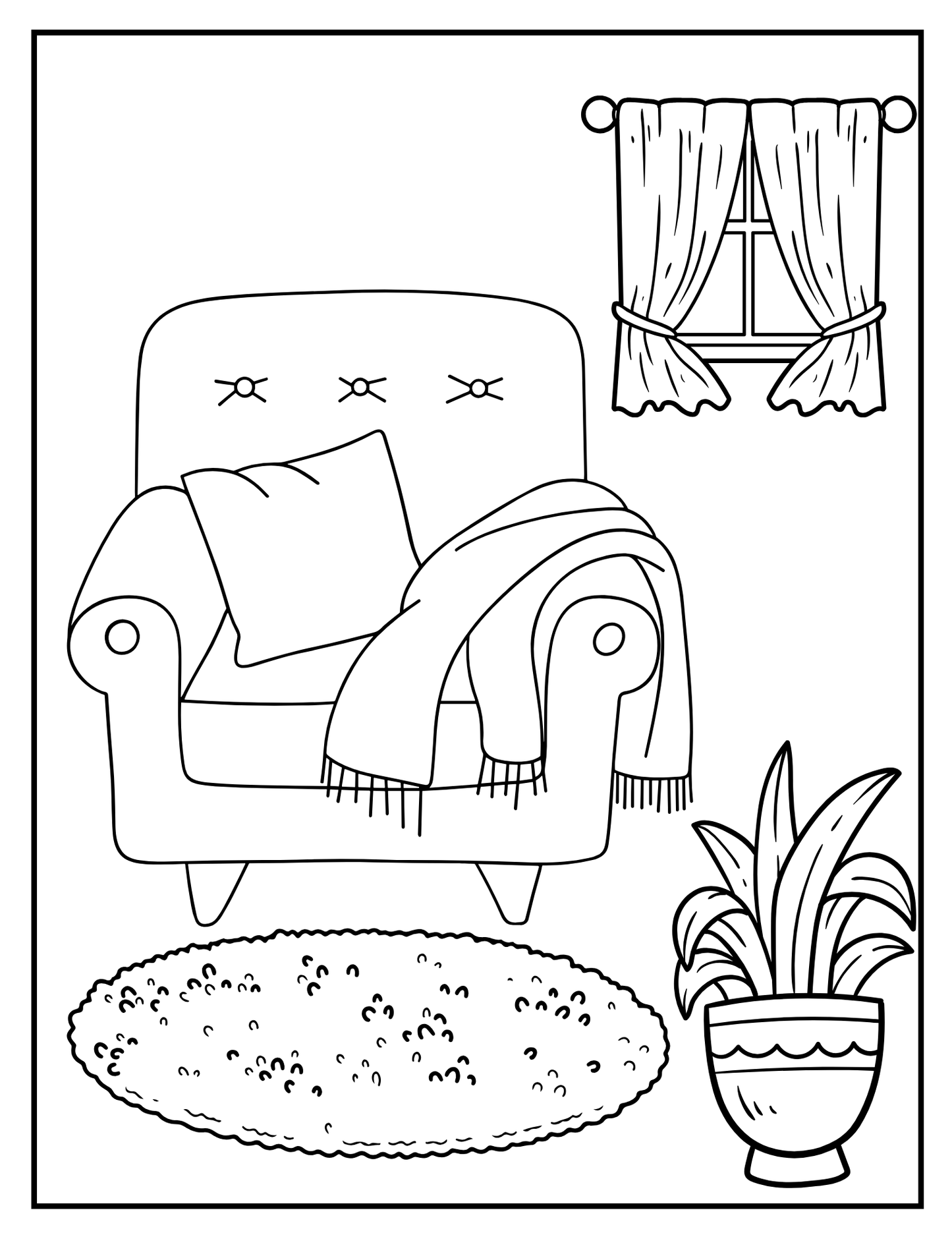 Peaceful Spaces: Printable Coloring Book of Cozy Home Interiors