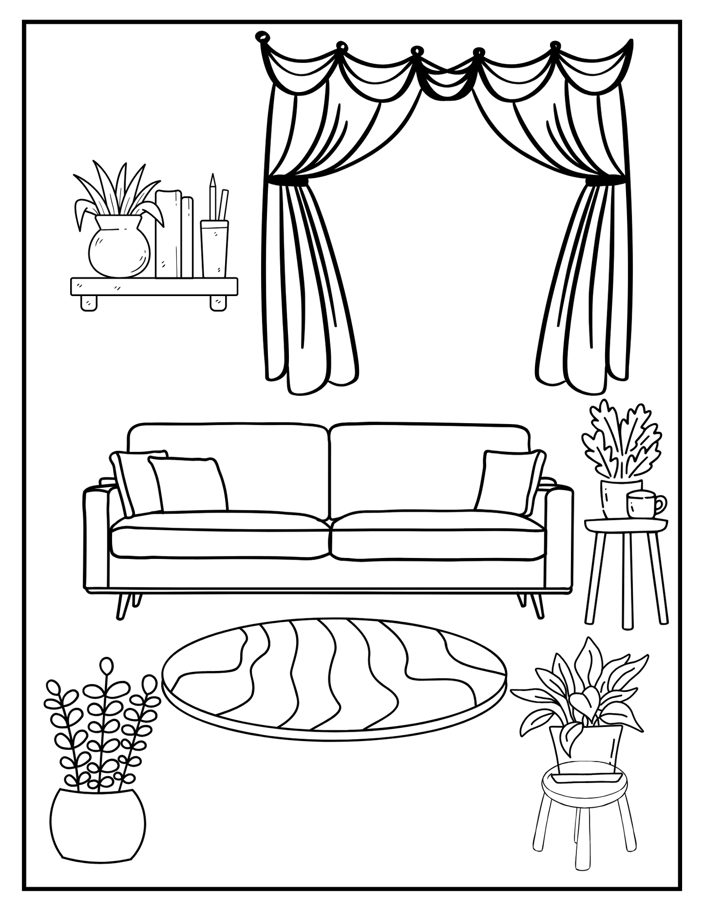 Peaceful Spaces: Printable Coloring Book of Cozy Home Interiors