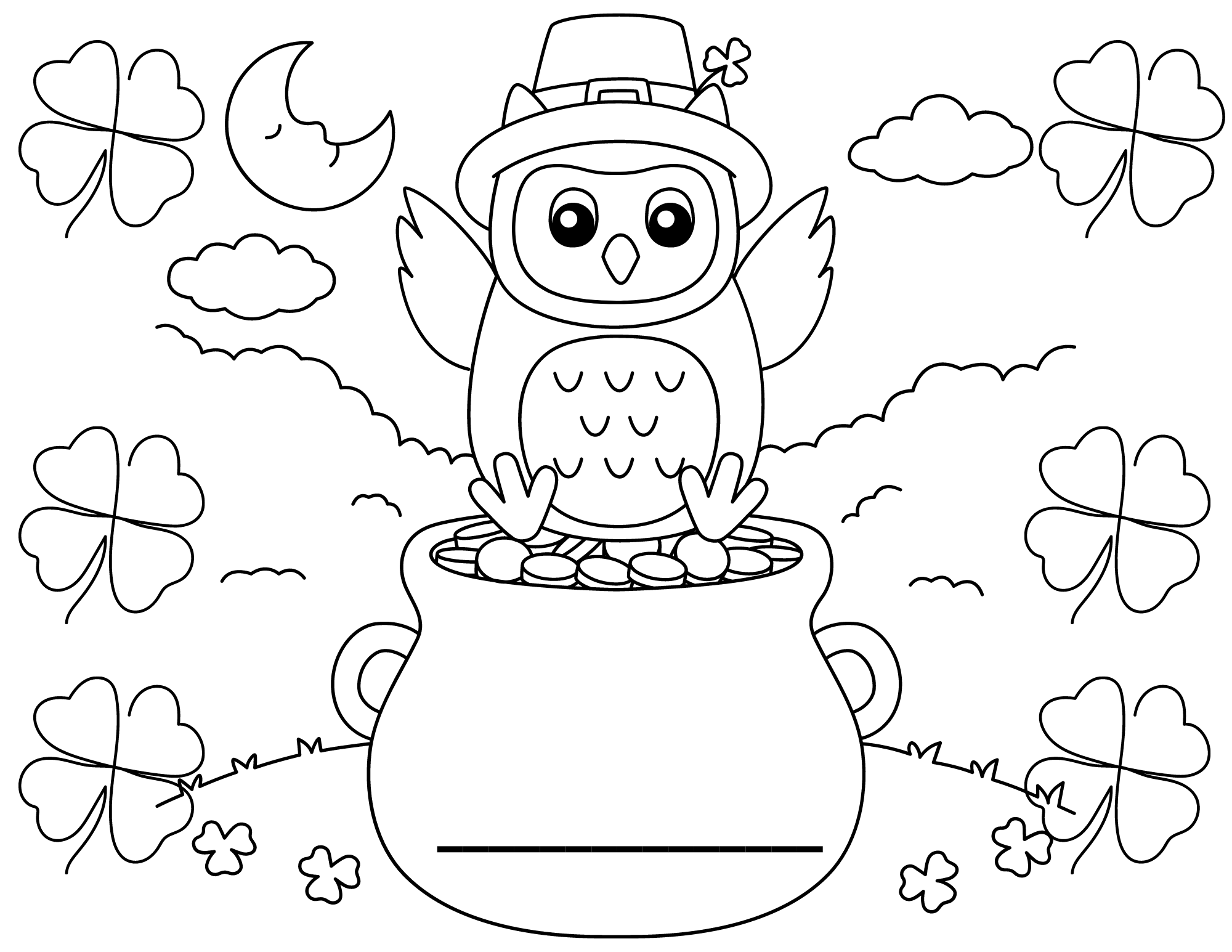 St. Patrick's Day owl and pot of gold coloring page