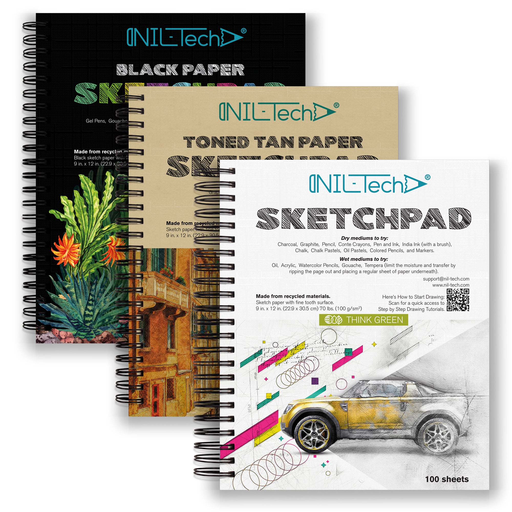 NIL - Tech Set of 3 Sketchpads White, Toned Tan, Black with Fine Tooth Spiral Bound Drawing Paper Pad for Kids and Adults